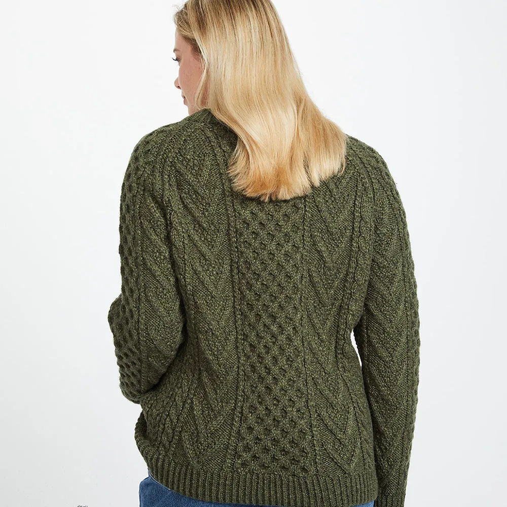 Green Hand Knit Unisex Crew Neck Aran Sweater