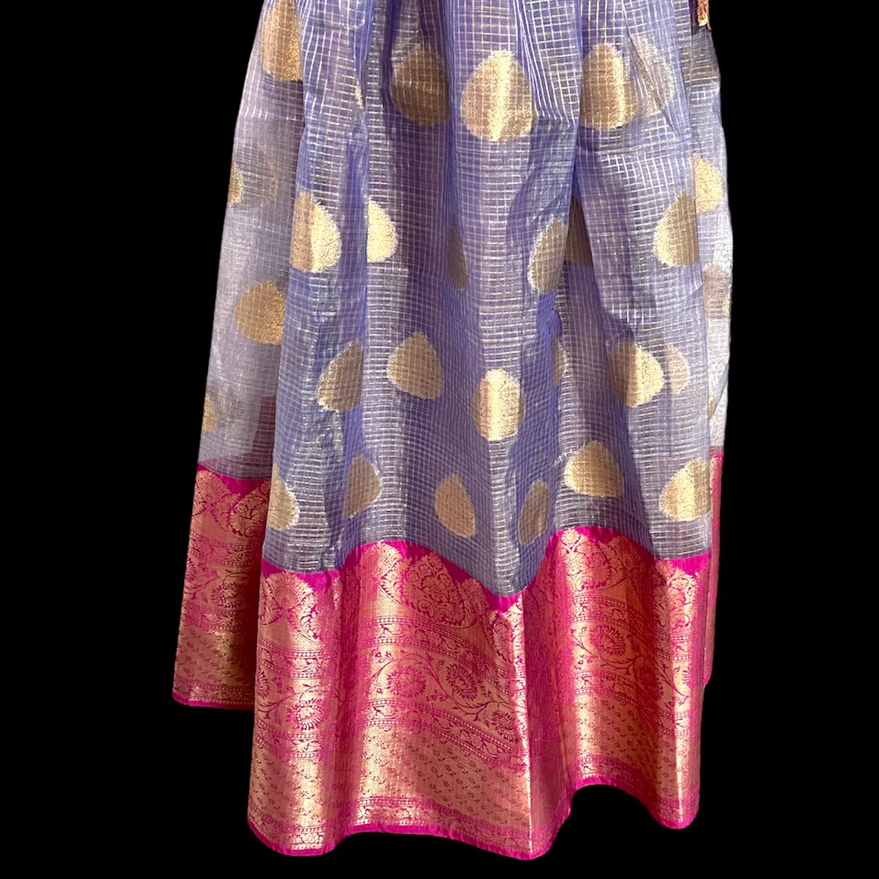 Grey & Pink Banarasi Organza Kanchi Lehenga, Half Saree Set