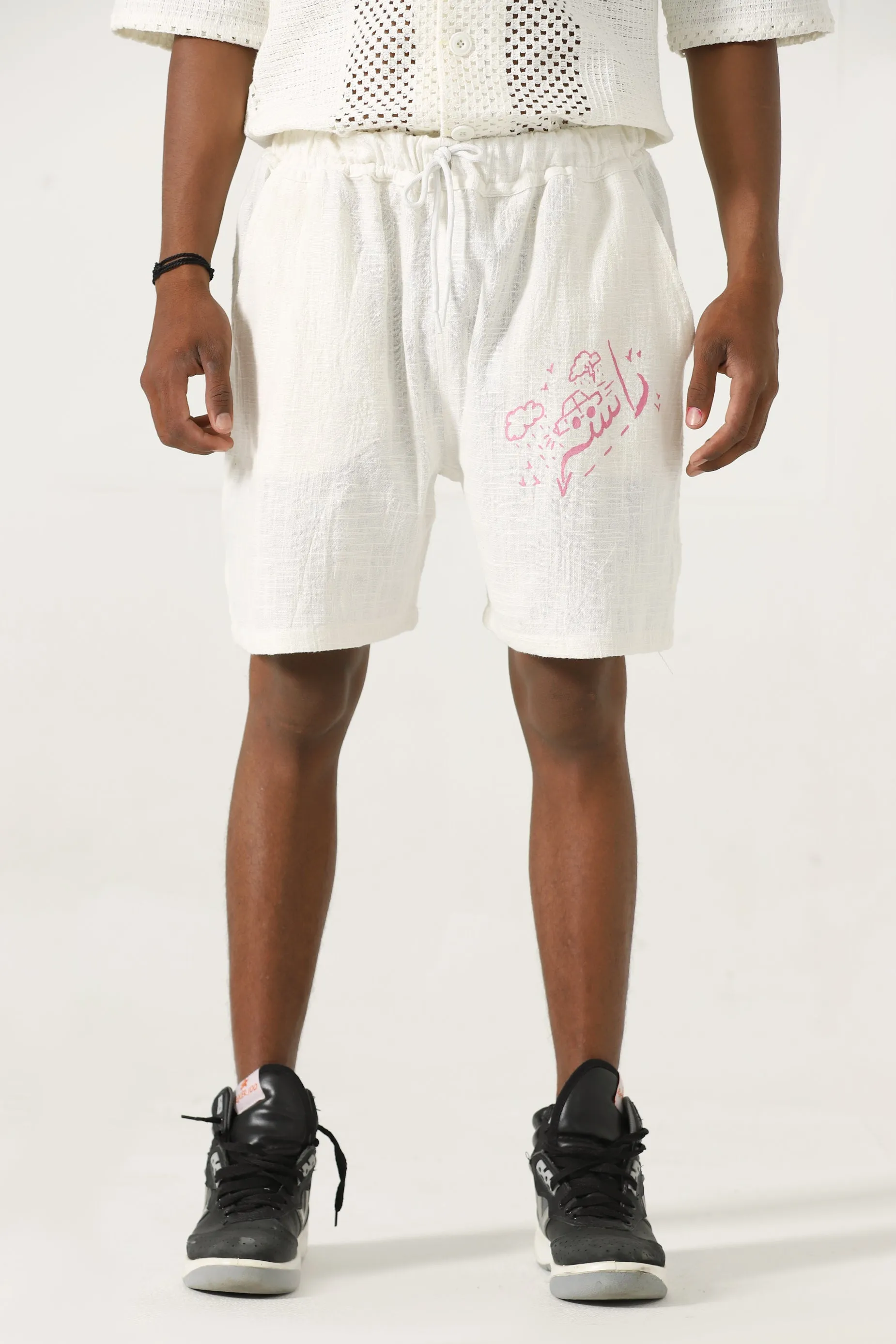 handwoven pink logo shorts