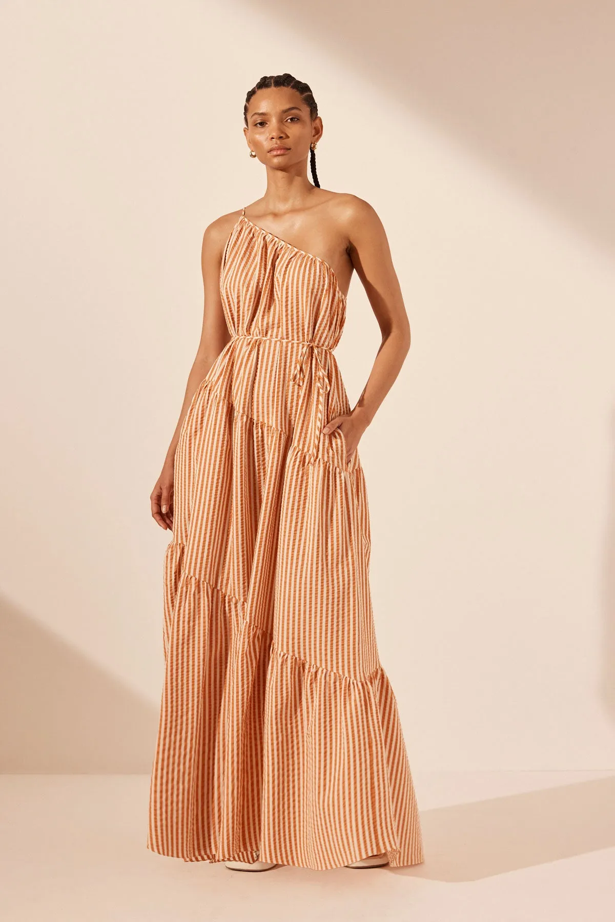 HELE ONE SHOULDER TIERED MAXI DRESS - COCONUT / TANGERINE