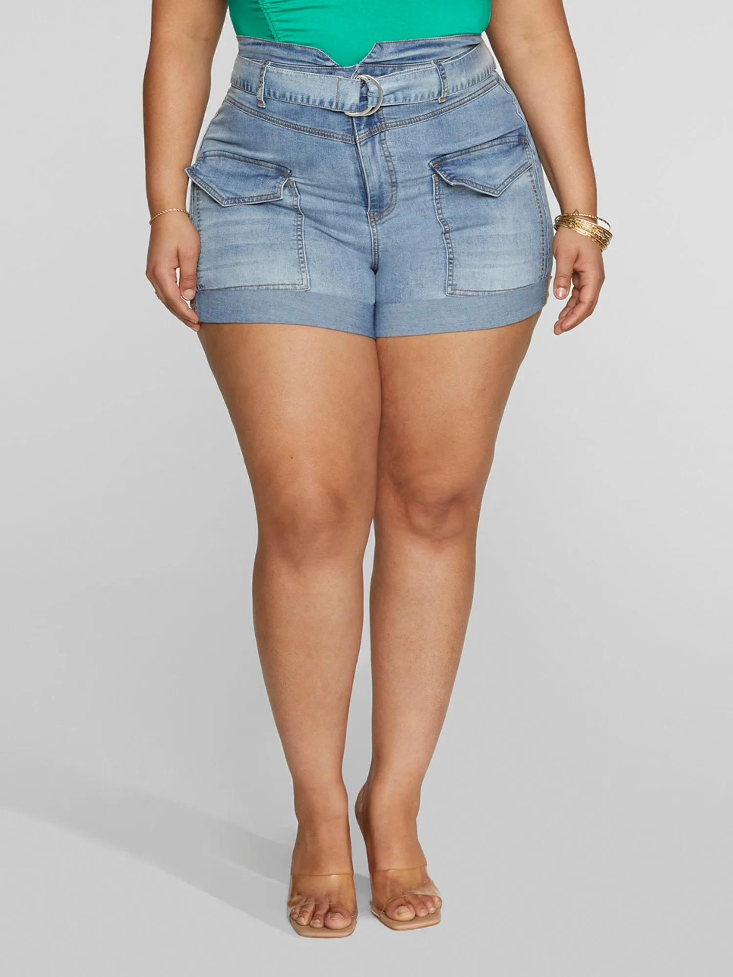 High Rise Belted Cargo Denim Shorts