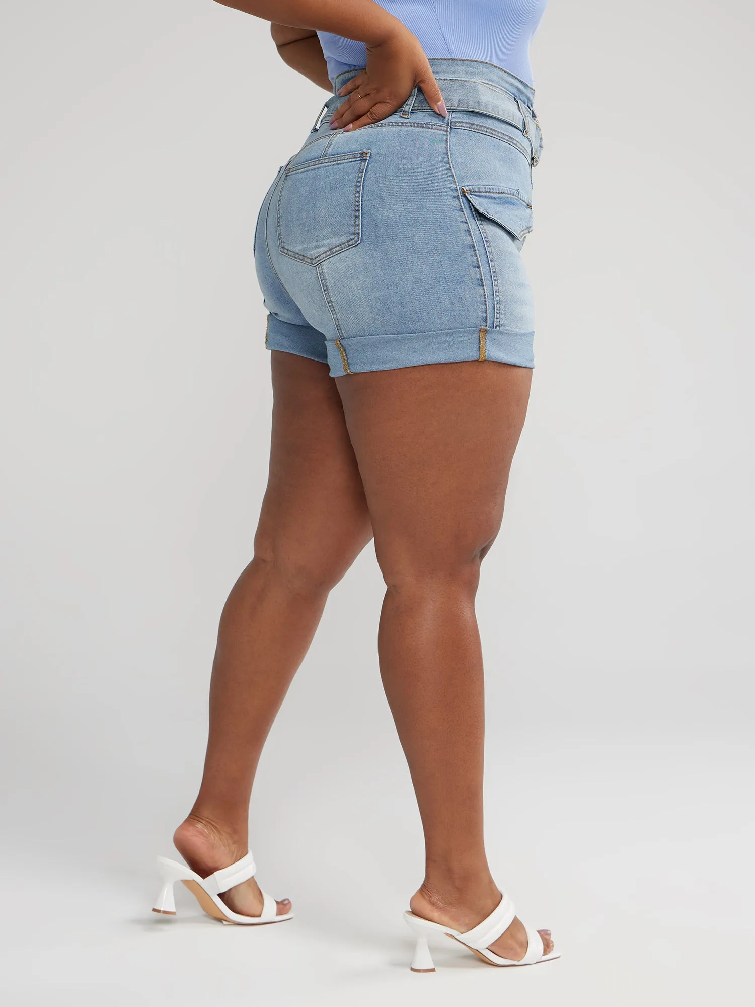 High Rise Belted Cargo Denim Shorts