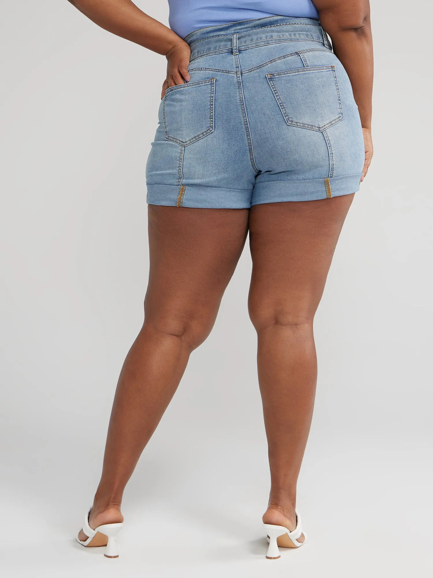 High Rise Belted Cargo Denim Shorts