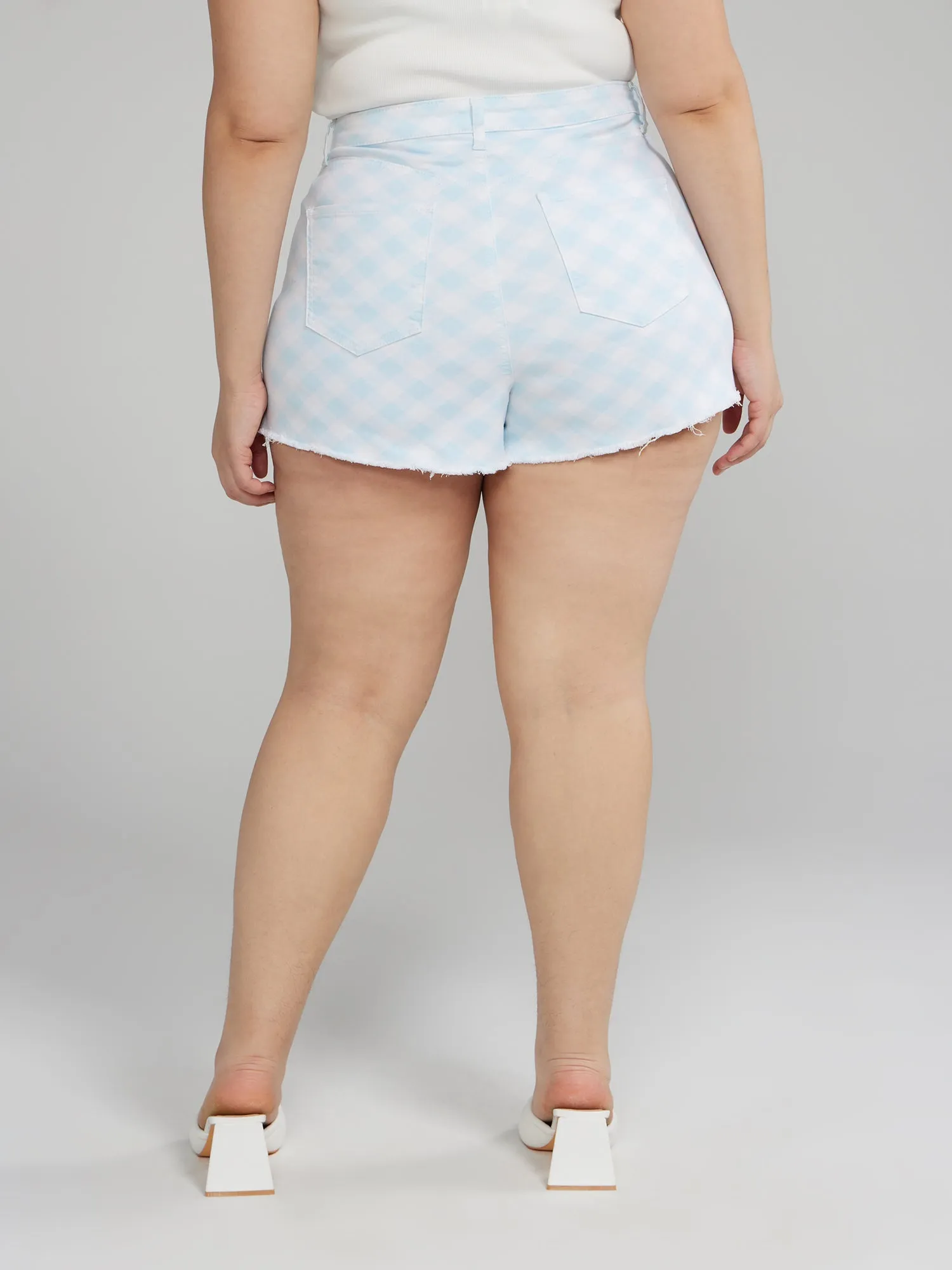 High Rise Gingham Print Denim Shorts