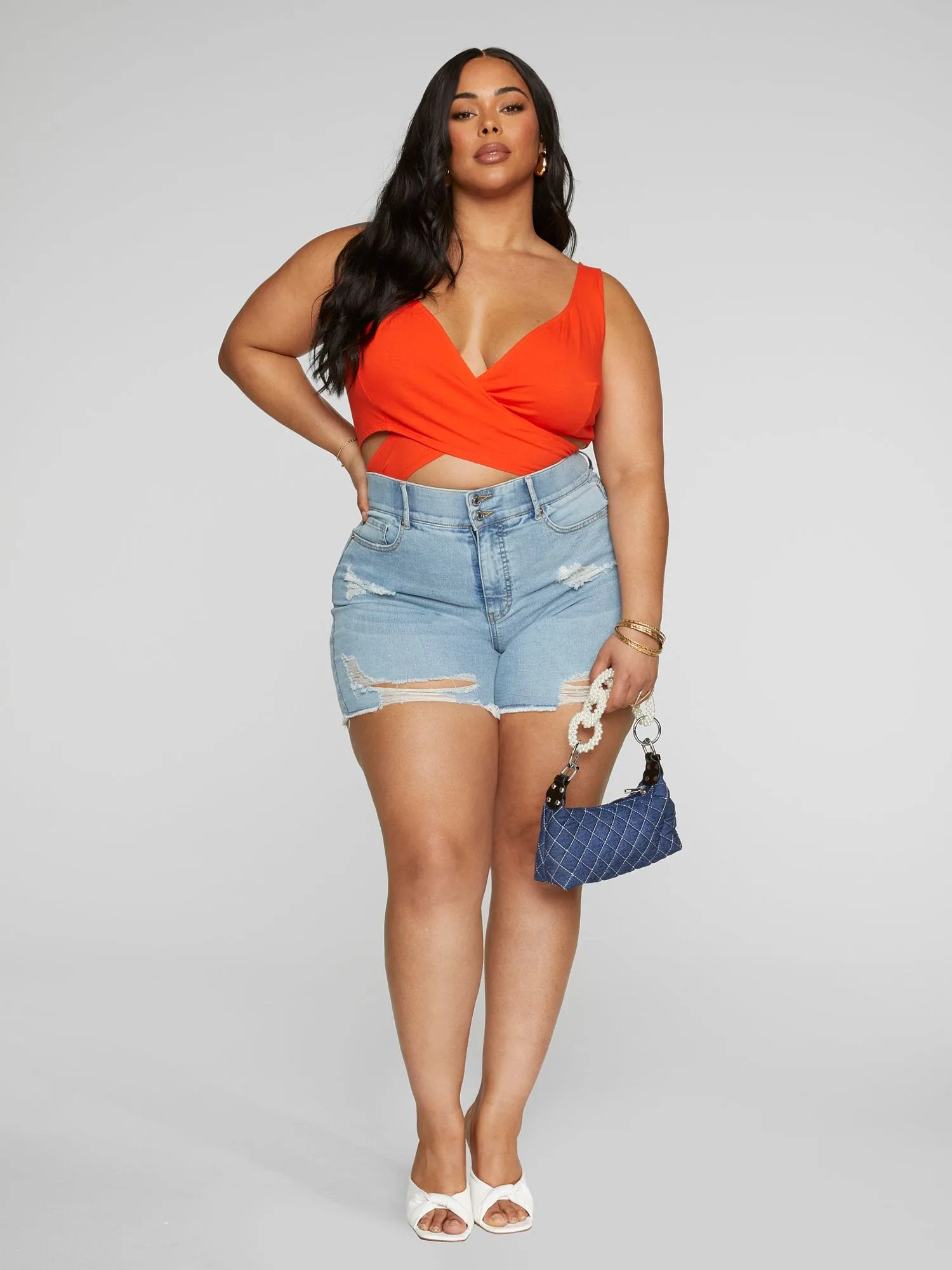 High Rise Light Wash Curvy Fit Shorts