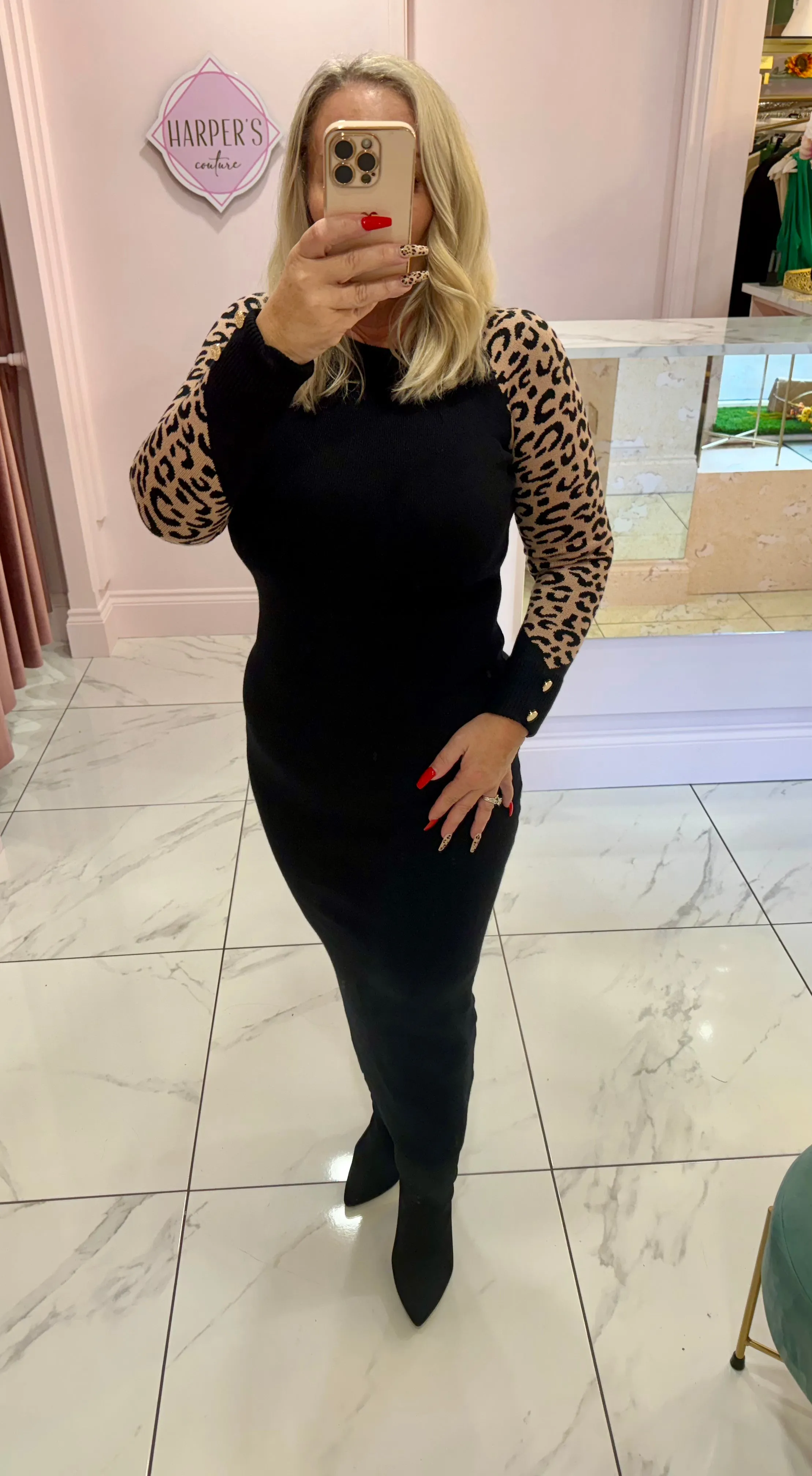 Kaylie Camel & Black Animal Print Sleeve Knit Dress