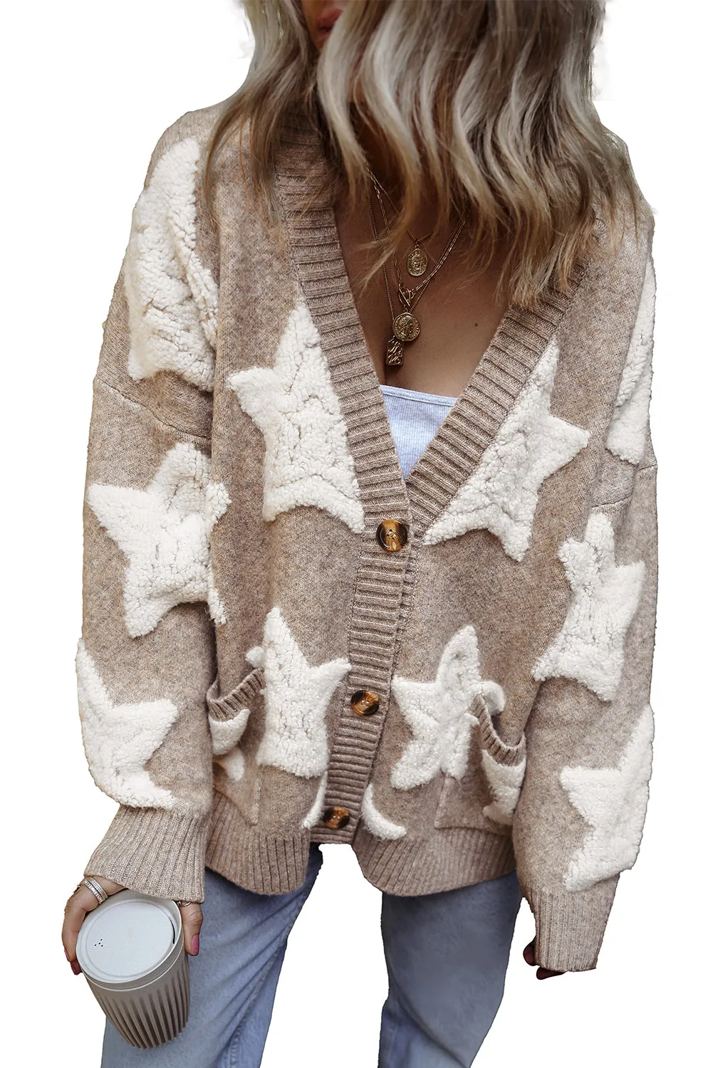 Khaki Sherpa Star Pattern Textured Sweater Cardigan with Pockets