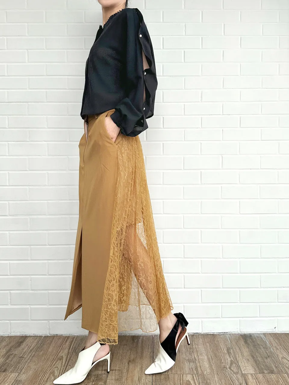 Khaki Slit Front Pencil Skirt With Pleated Lace Back