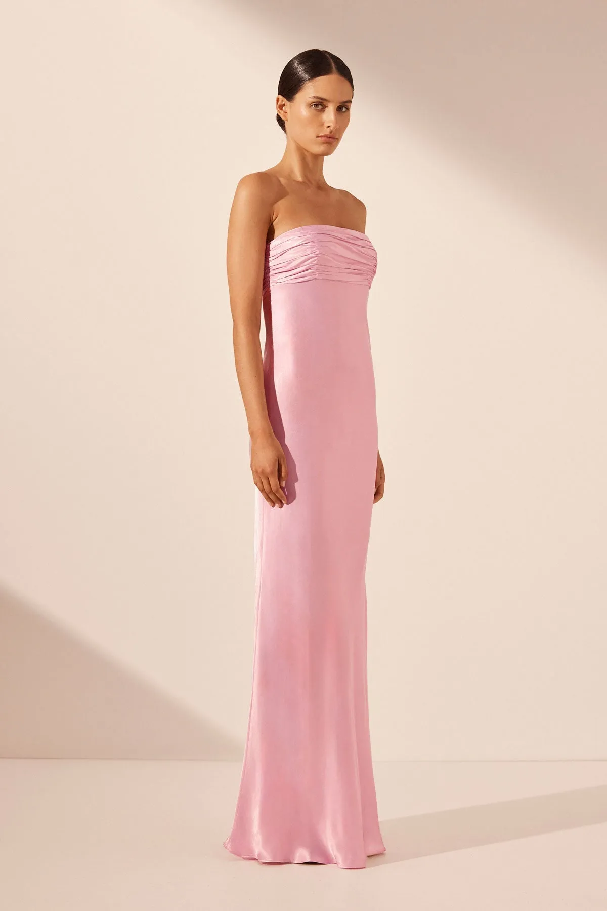 LA LUNE STRAPLESS RUCHED BODICE MAXI DRESS - PEONY