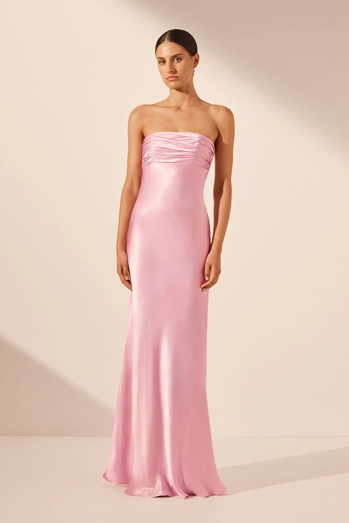 LA LUNE STRAPLESS RUCHED BODICE MAXI DRESS - PEONY