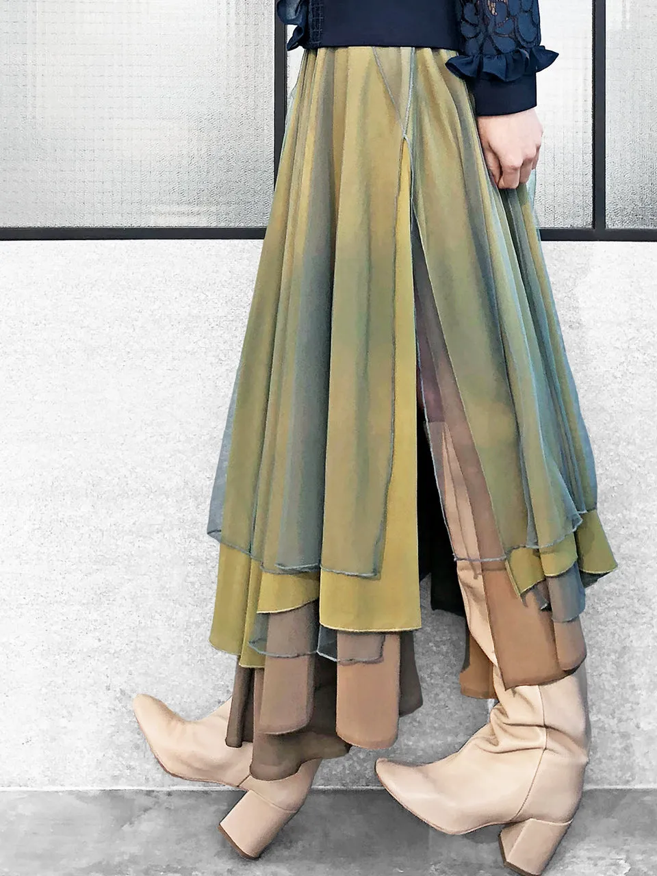 Last Chance! Layer Textured Army Green Tulle Maxi Skirt