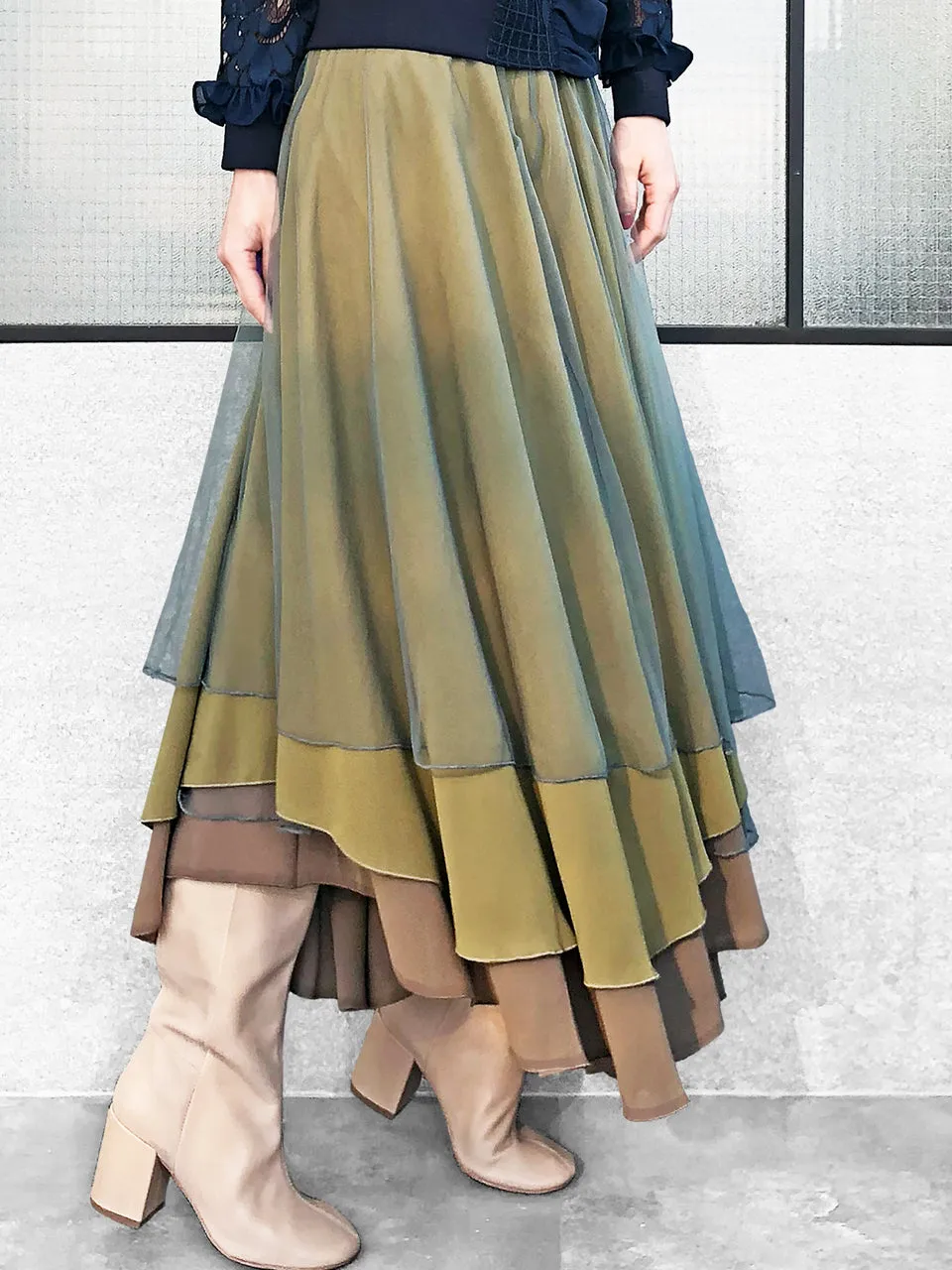 Last Chance! Layer Textured Army Green Tulle Maxi Skirt