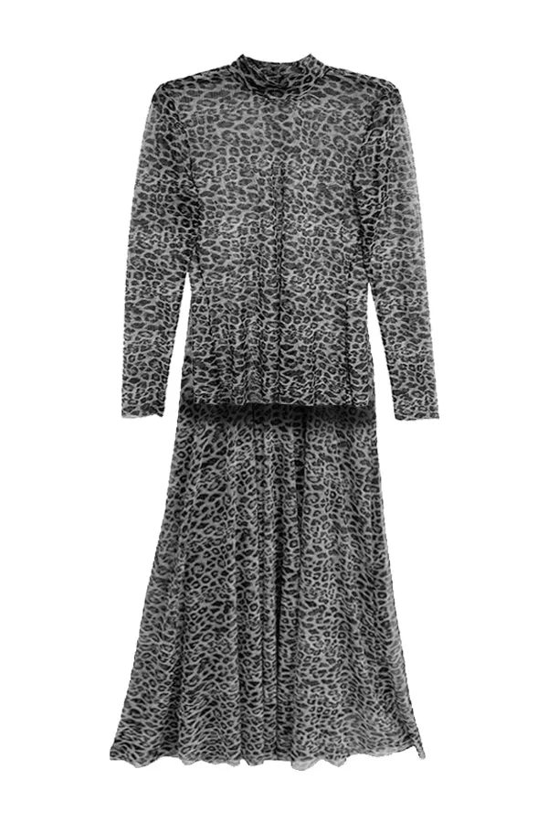 Layered Mesh Dress and Top Set - Snow Leopard