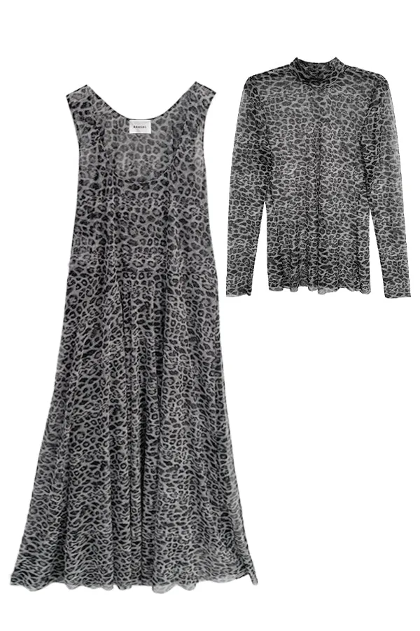 Layered Mesh Dress and Top Set - Snow Leopard