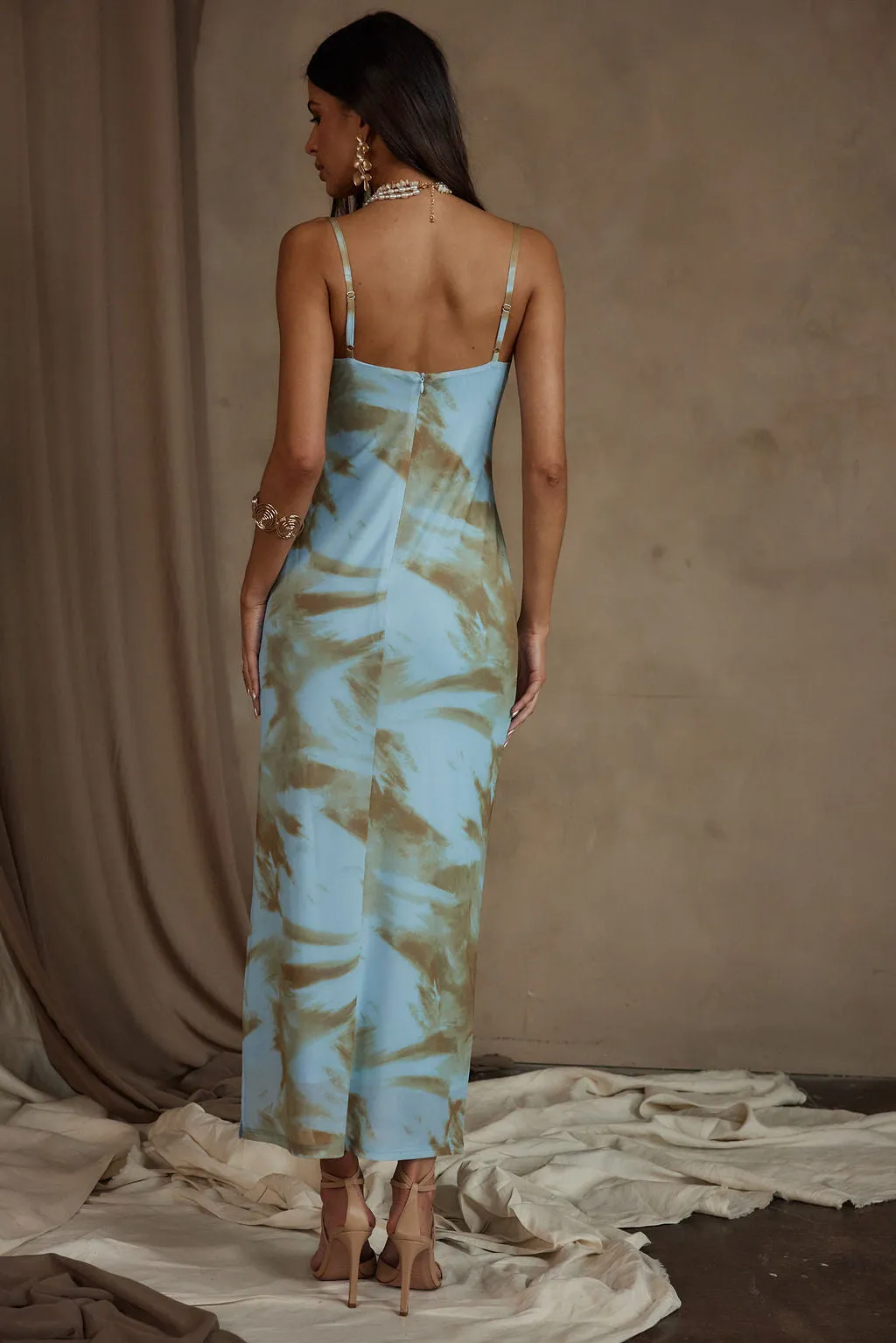 Lilah Blue Printed Mesh Maxi Dress