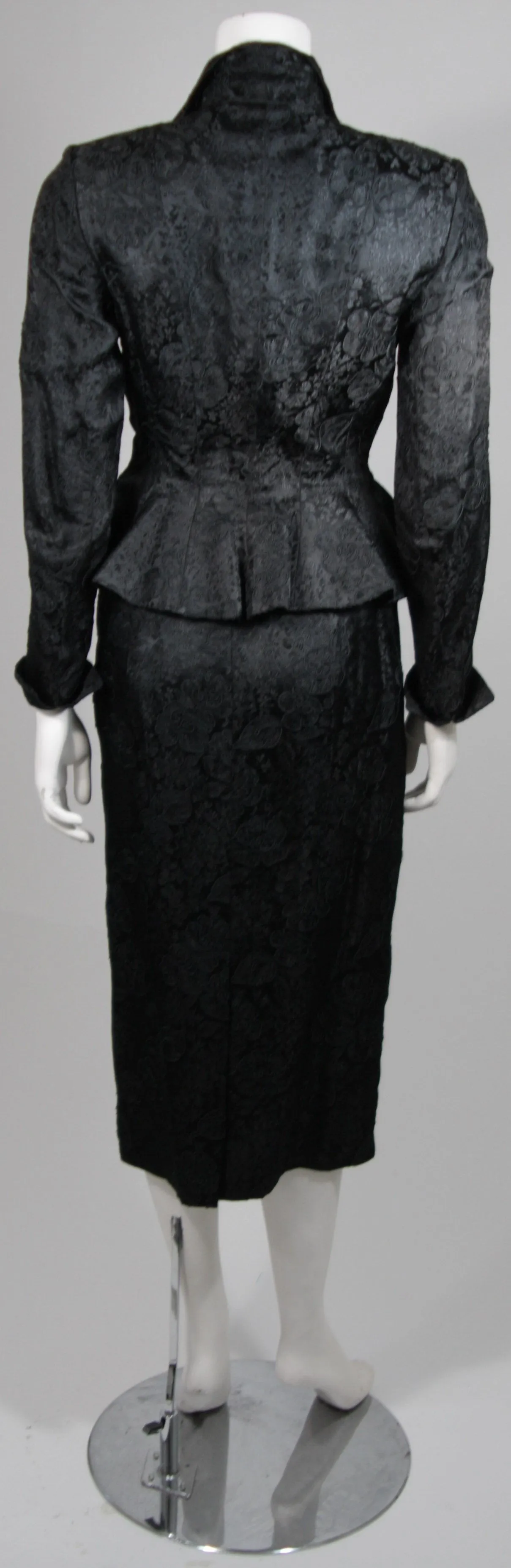 LILLI ANN Fitted Black Silk Jacquard Skirt Suit with Peplum Detail Size Small