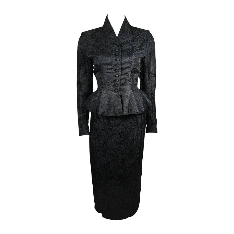 LILLI ANN Fitted Black Silk Jacquard Skirt Suit with Peplum Detail Size Small