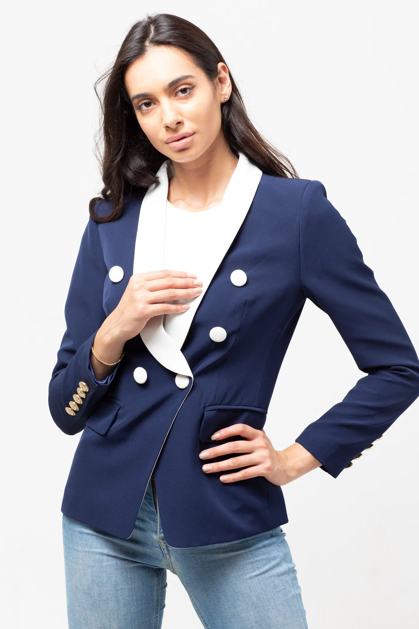 LONG LAPEL NAVY WHITE BUTTON BLAZER