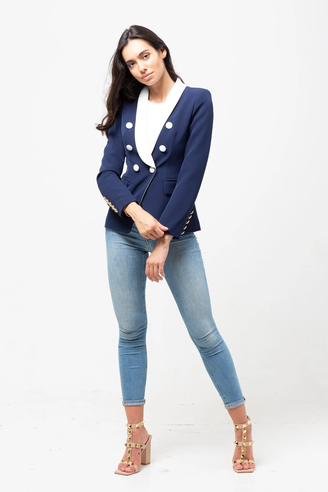 LONG LAPEL NAVY WHITE BUTTON BLAZER