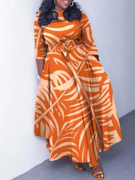 Long Sleeve Printed Belted Maxi Dress