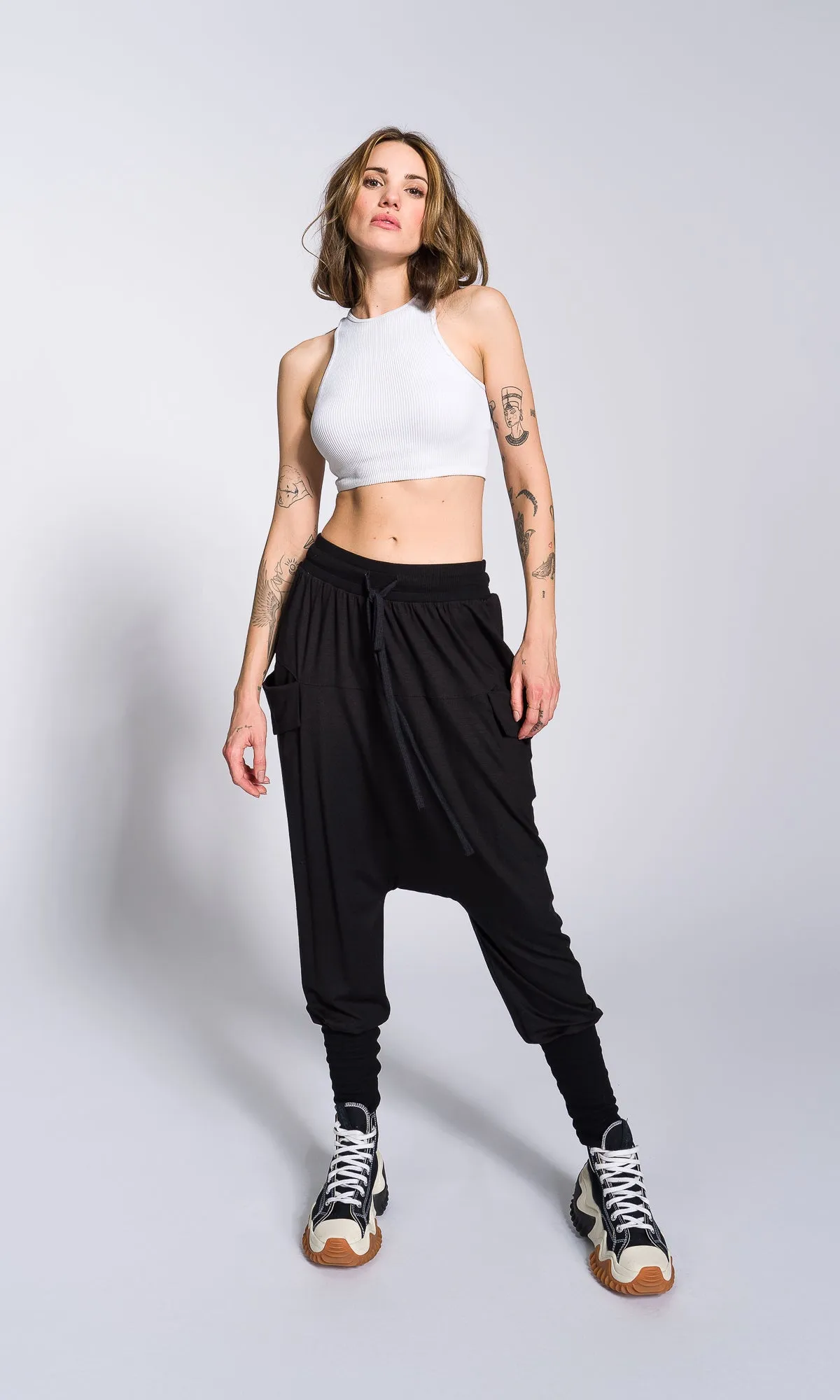 Loose Drop Crotch Pants with Ribbed Cuffs