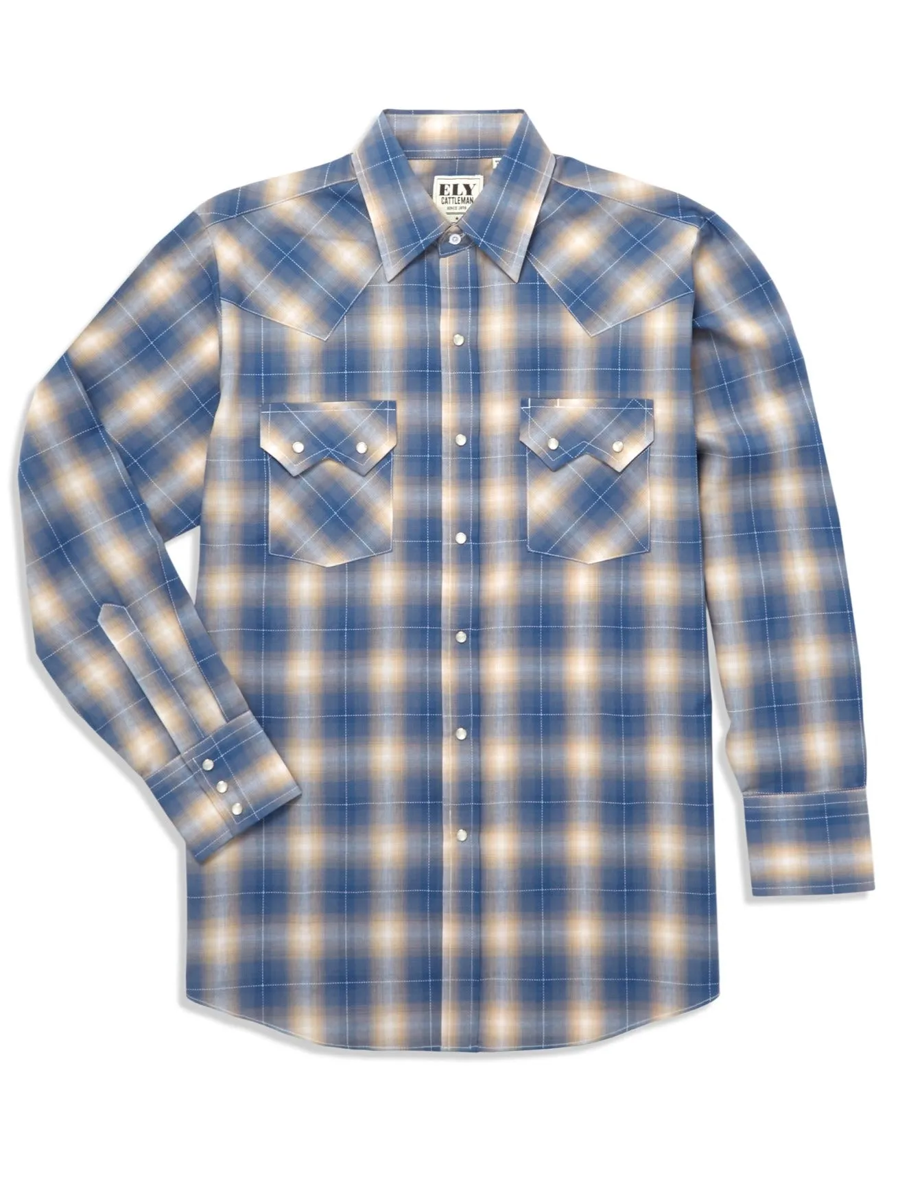 Men's Ely Cattleman Long Sleeve Textured Plaid Western Snap Shirt- Blue