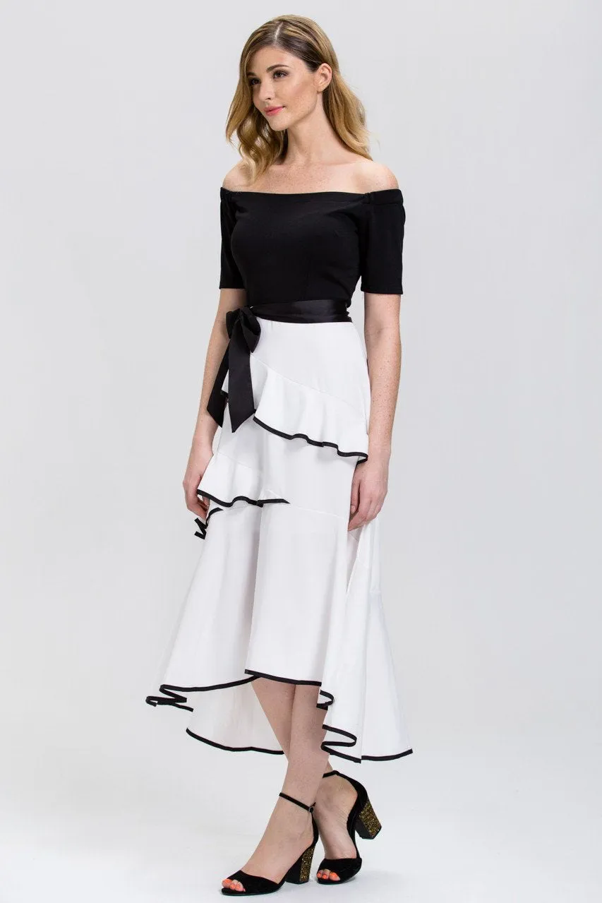 Mina Al Sheikhly - Black and White off the shoulder Tiered Ruffle Skirt Midi Dress