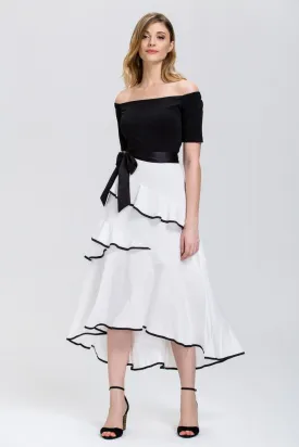 Mina Al Sheikhly - Black and White off the shoulder Tiered Ruffle Skirt Midi Dress