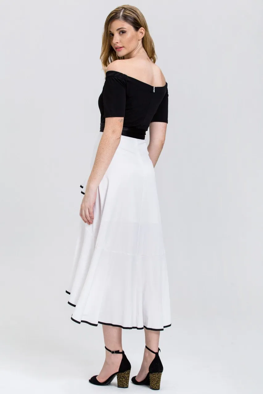 Mina Al Sheikhly - Black and White off the shoulder Tiered Ruffle Skirt Midi Dress