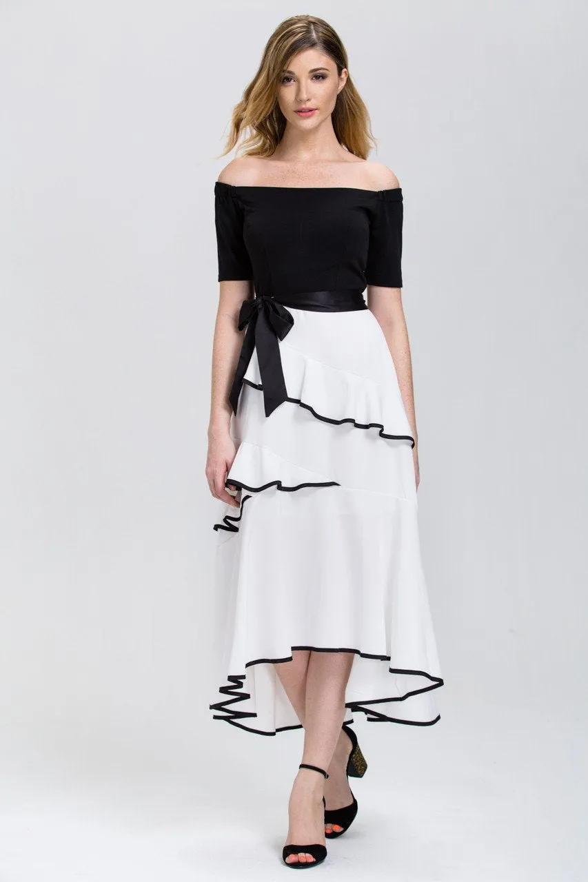 Mina Al Sheikhly - Black and White off the shoulder Tiered Ruffle Skirt Midi Dress