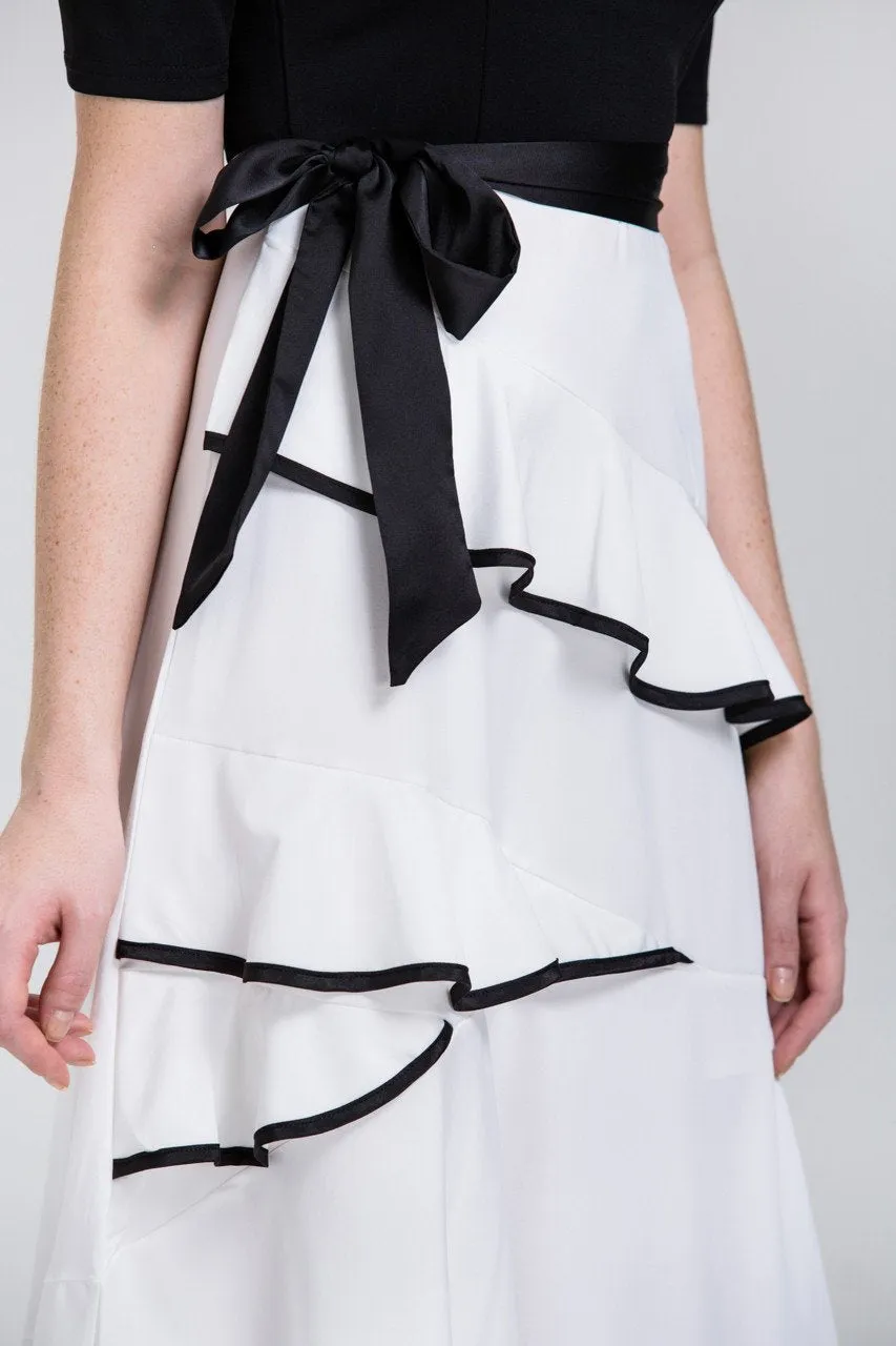 Mina Al Sheikhly - Black and White off the shoulder Tiered Ruffle Skirt Midi Dress