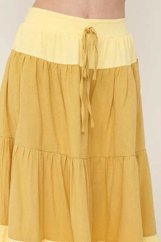 MUSTARD TIERED MIDI SKIRT