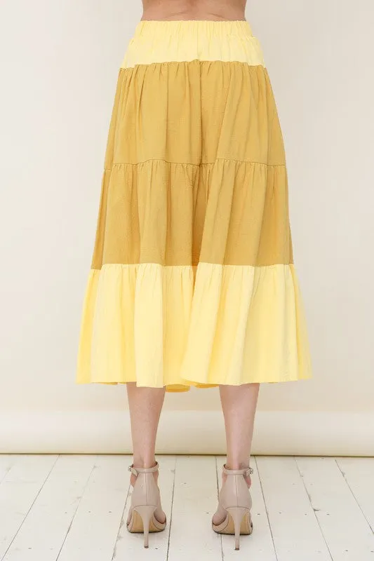 MUSTARD TIERED MIDI SKIRT