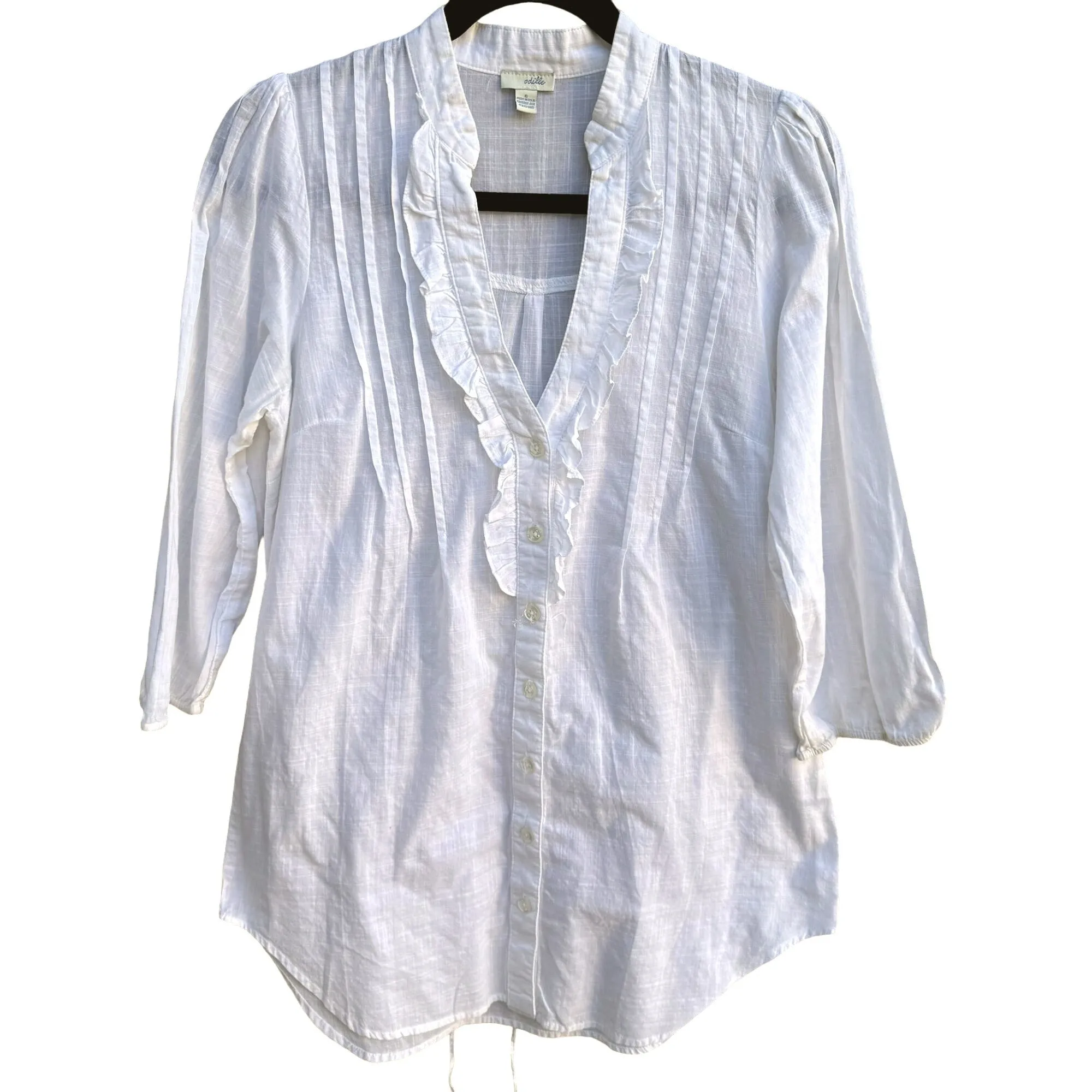 Odille Womens White Linen Ruffle Pleated Front Button-Up Tie Back Blouse - 6