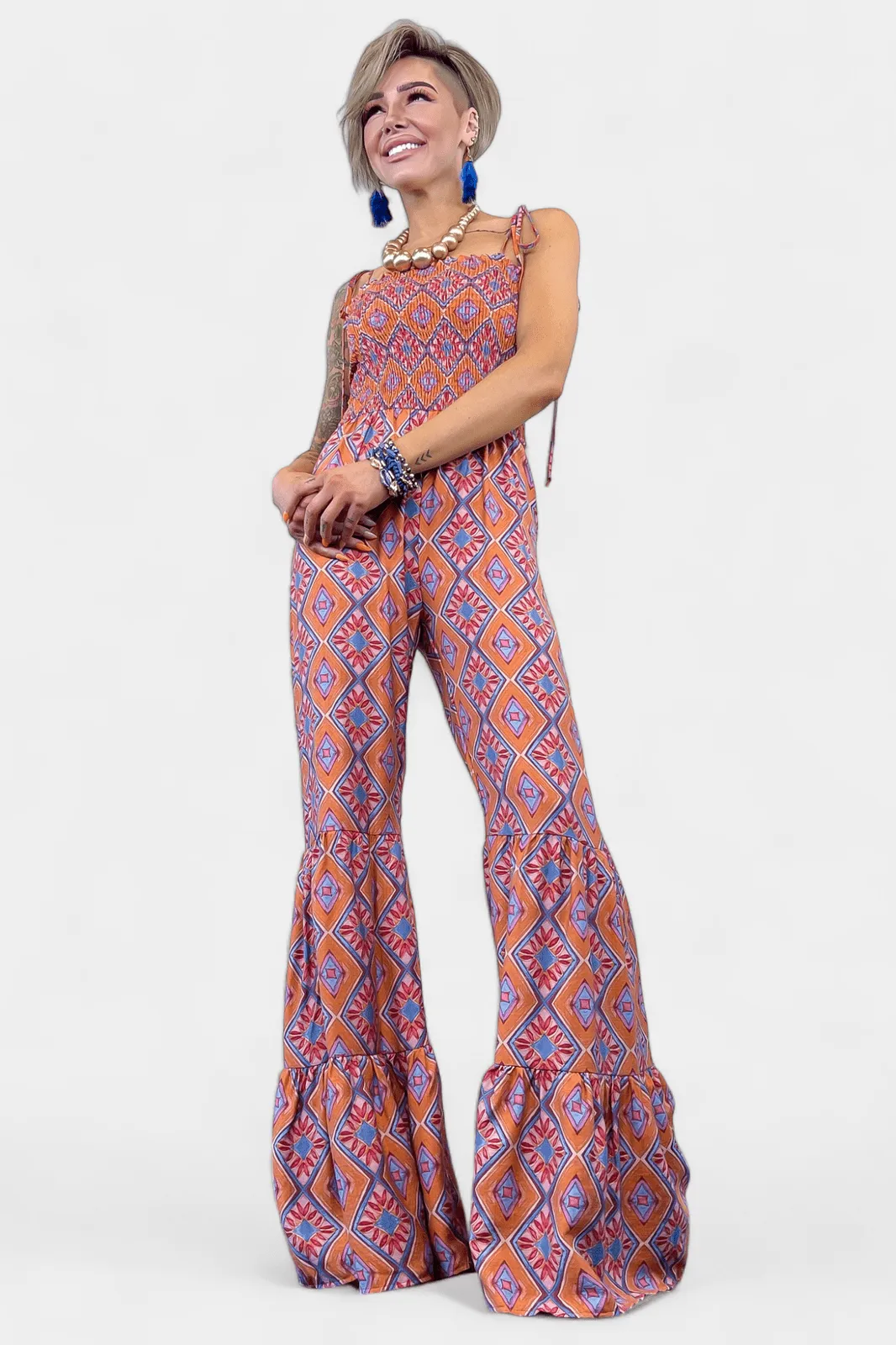 Orange Tribal Flared Jumpsuit