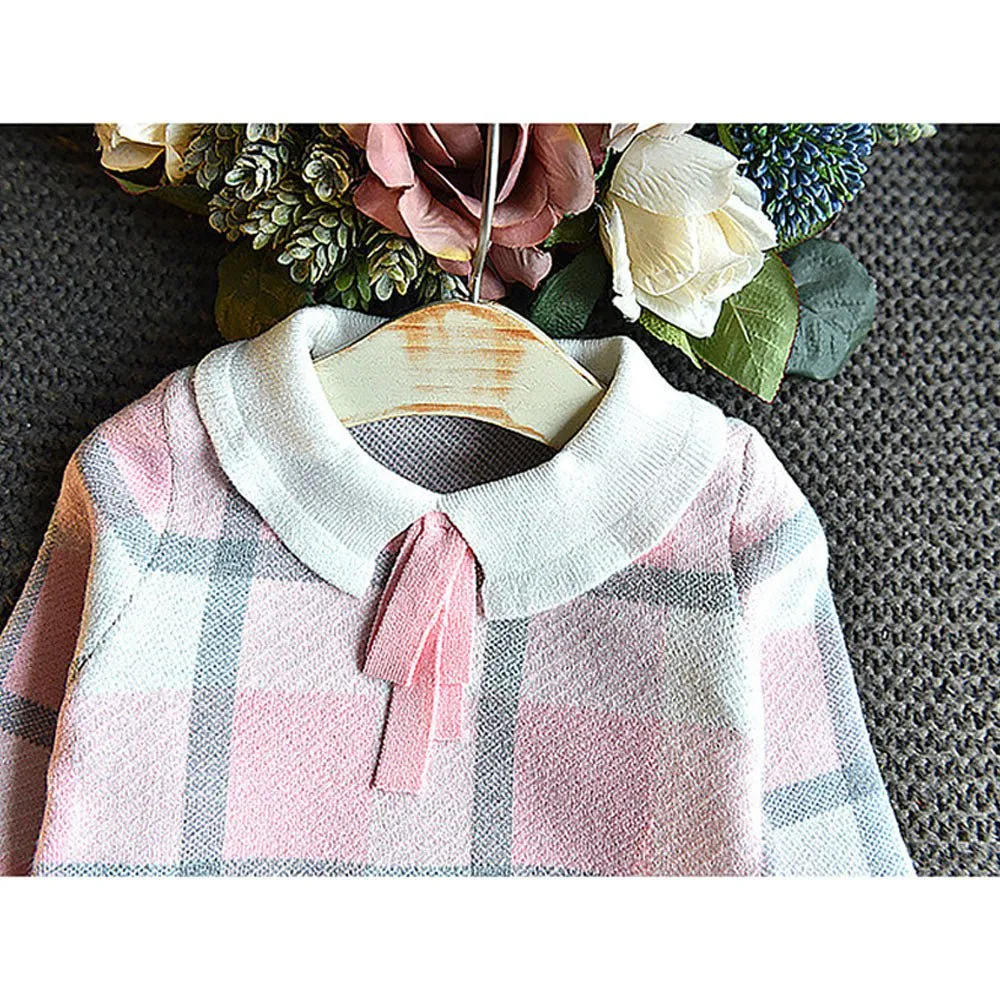 Pink Plaid Peter Pan collar  2 pcs sweatshirt & Skirt Winterwear set for Girls