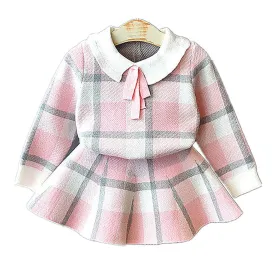 Pink Plaid Peter Pan collar  2 pcs sweatshirt & Skirt Winterwear set for Girls