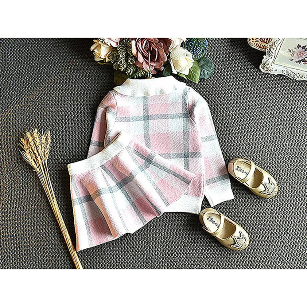 Pink Plaid Peter Pan collar  2 pcs sweatshirt & Skirt Winterwear set for Girls