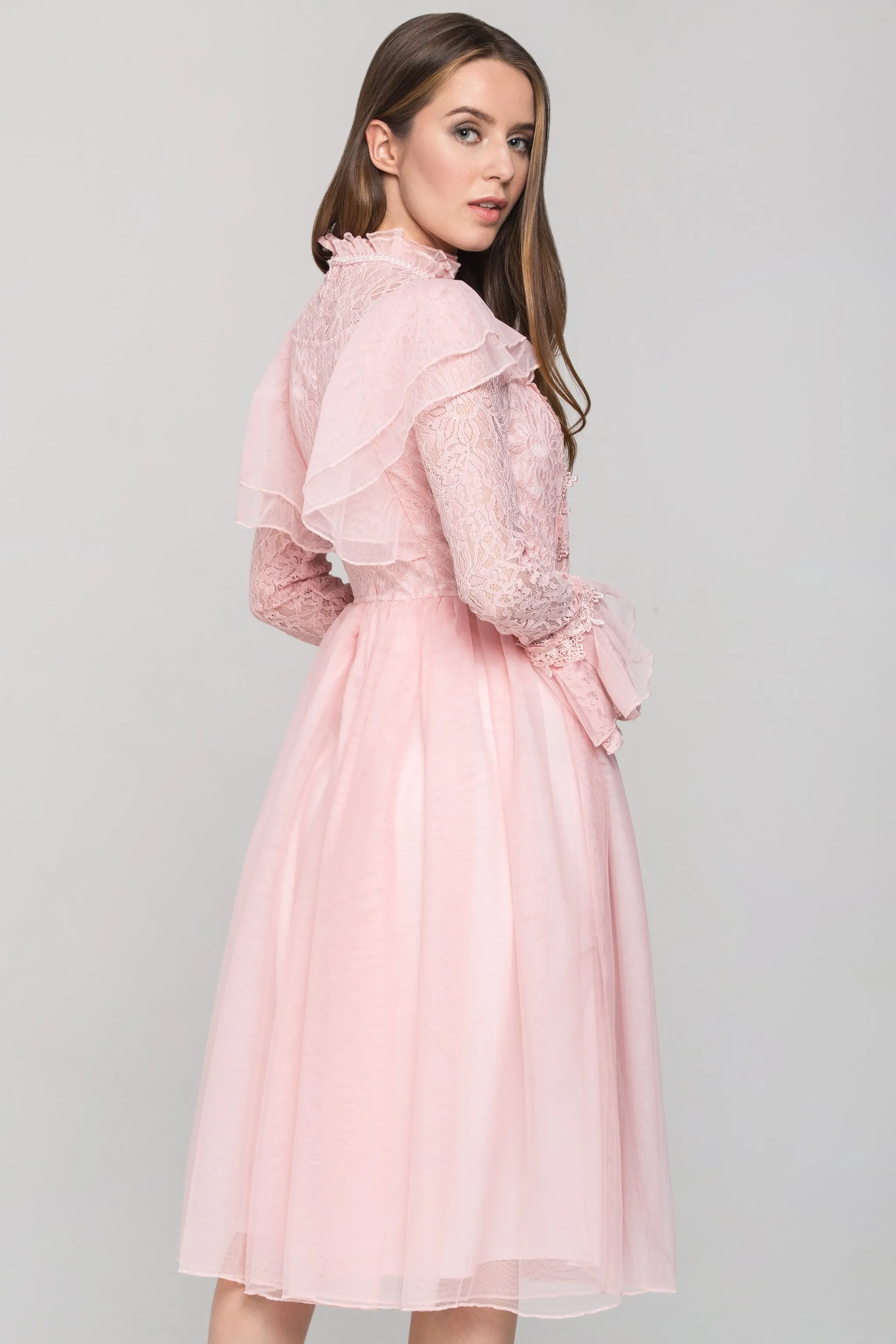 Pink Vintage Ruffle Lace Midi Dress