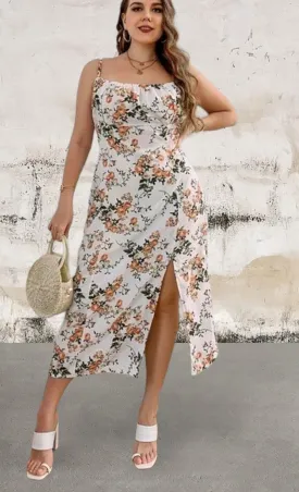 Plus size floral print side split cami dress