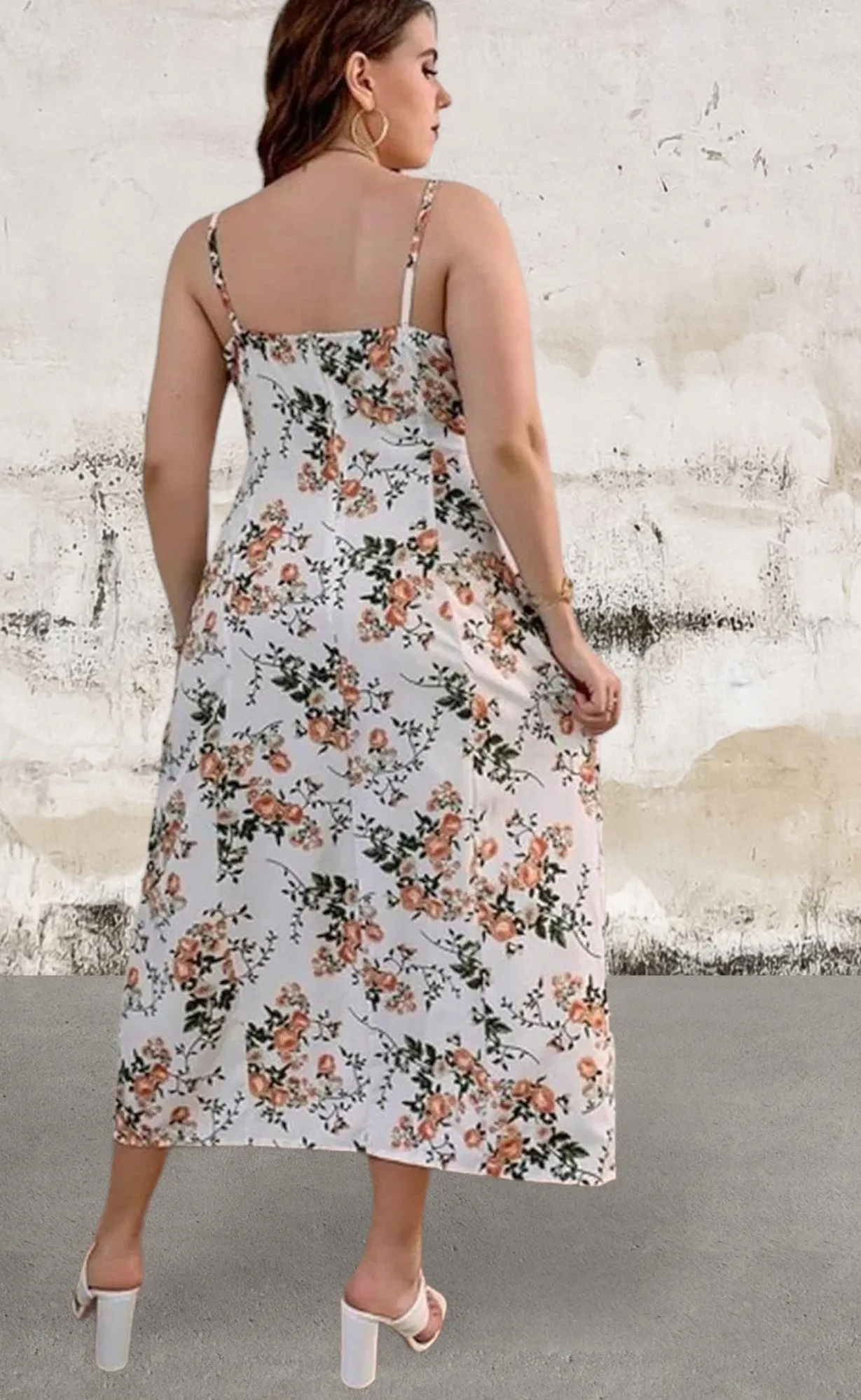 Plus size floral print side split cami dress