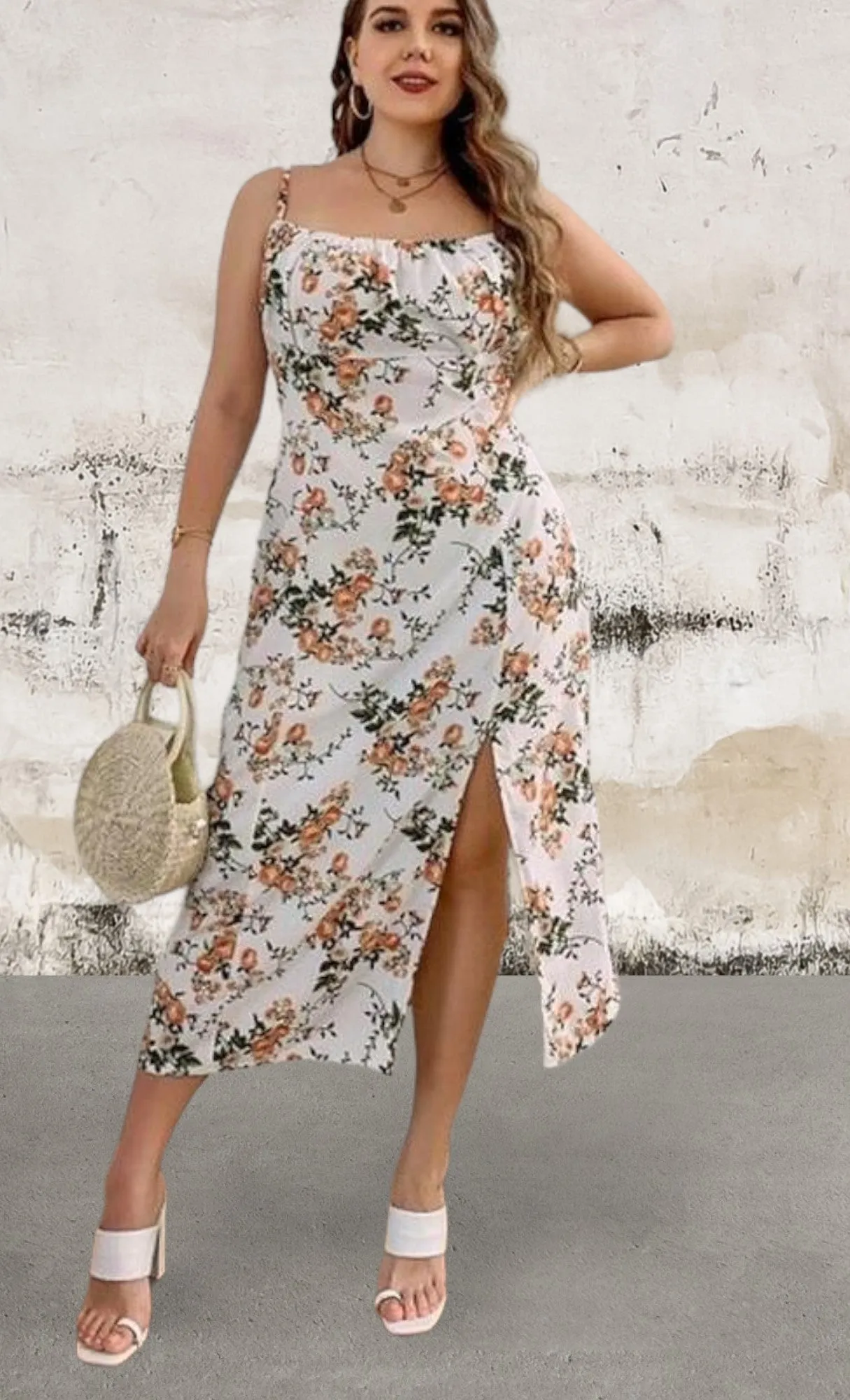 Plus size floral print side split cami dress