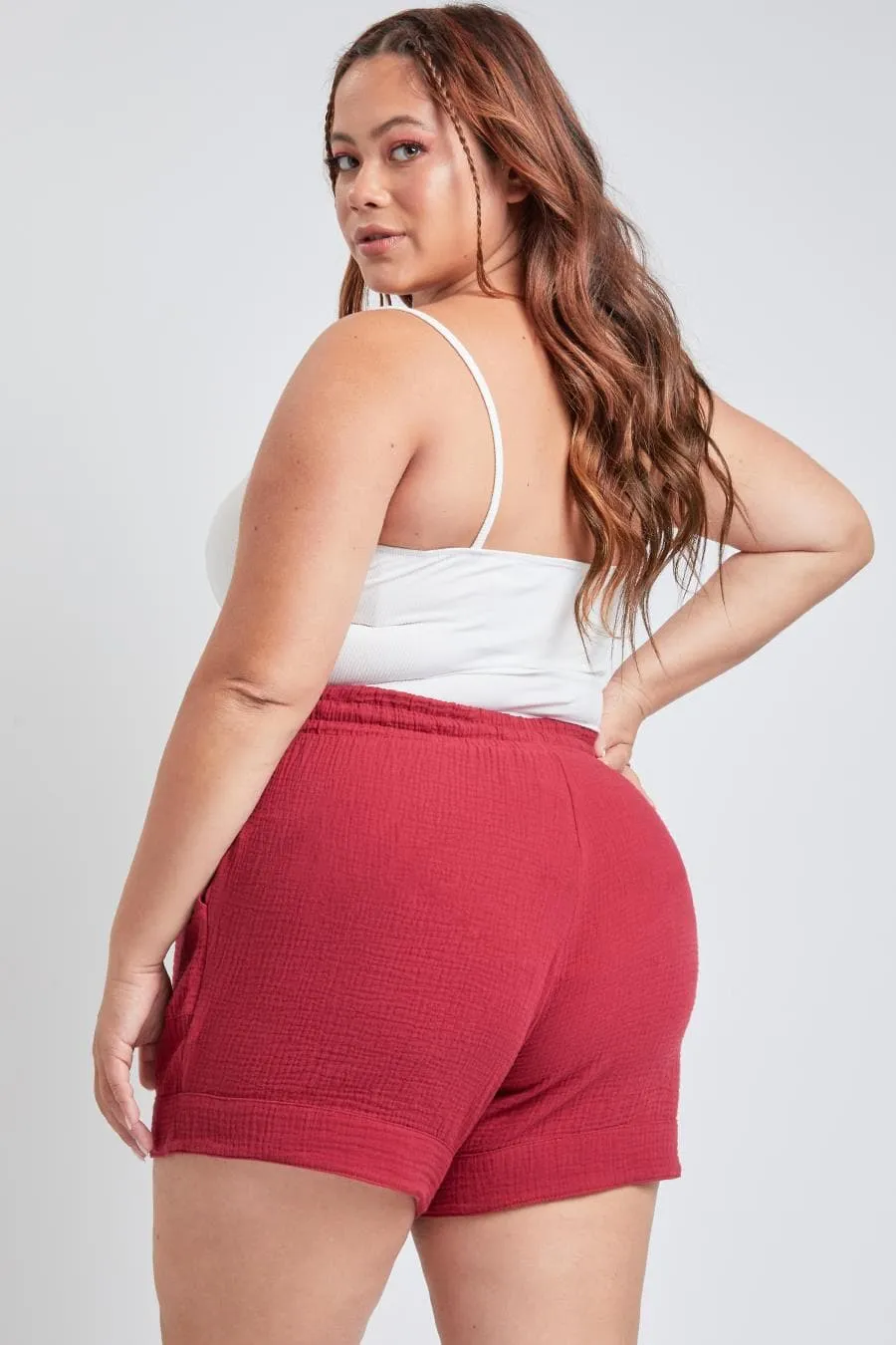 Plus Size Women's Double Gauze Shorts With Banded Hem