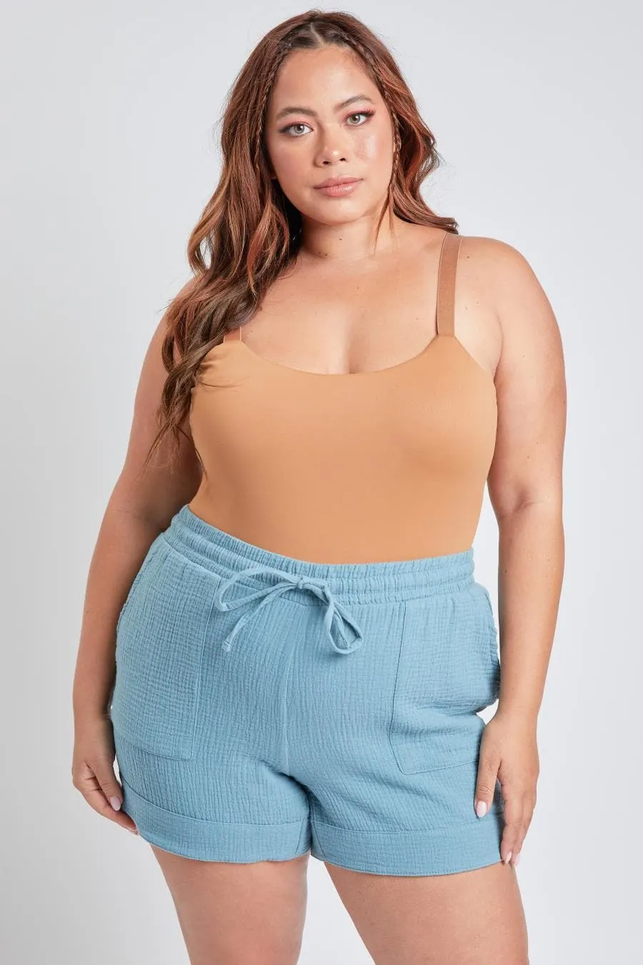 Plus Size Women's Double Gauze Shorts With Banded Hem