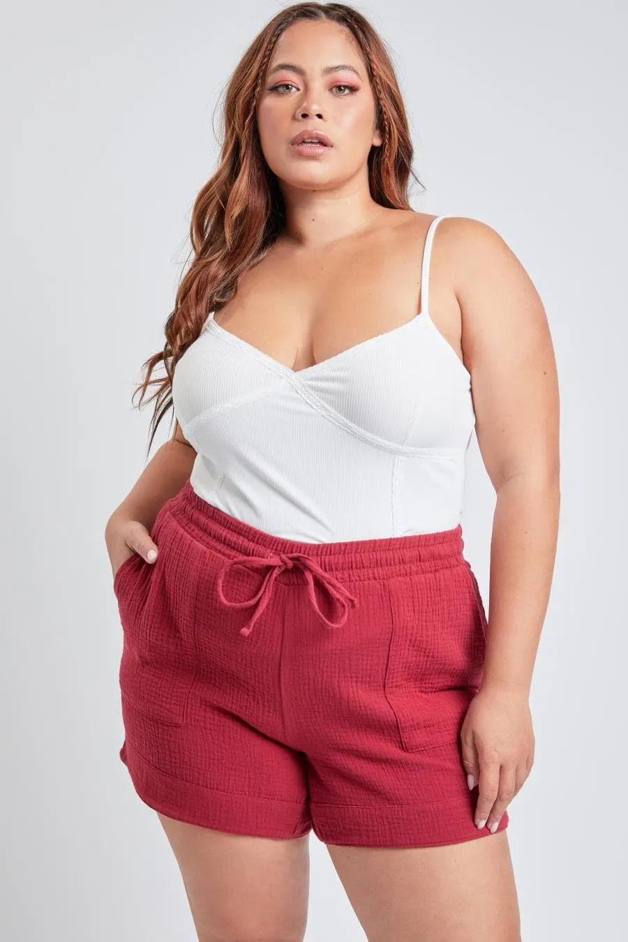 Plus Size Women's Double Gauze Shorts With Banded Hem