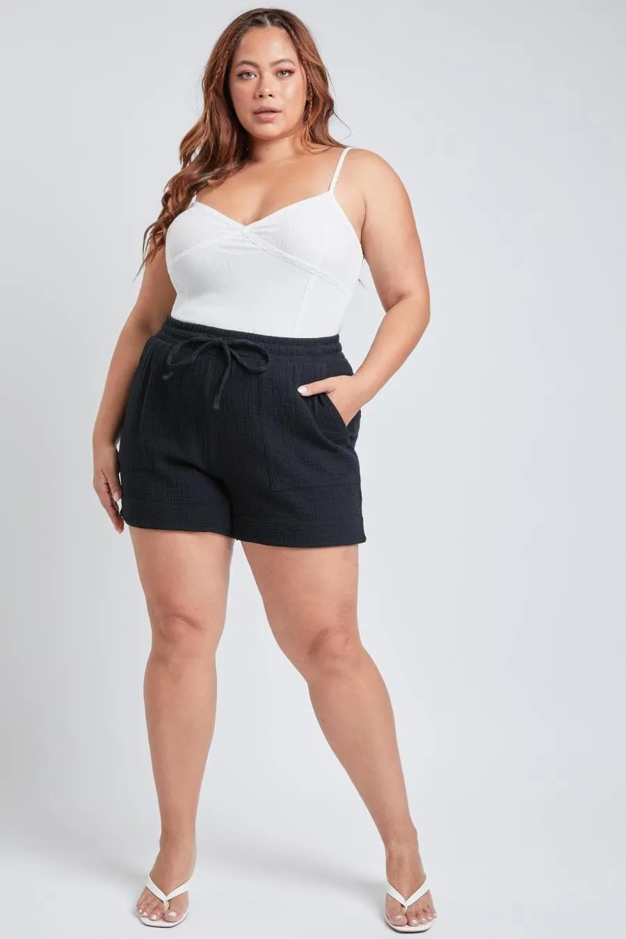 Plus Size Women's Double Gauze Shorts With Banded Hem