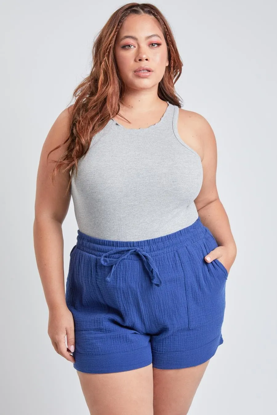 Plus Size Women's Double Gauze Shorts With Banded Hem