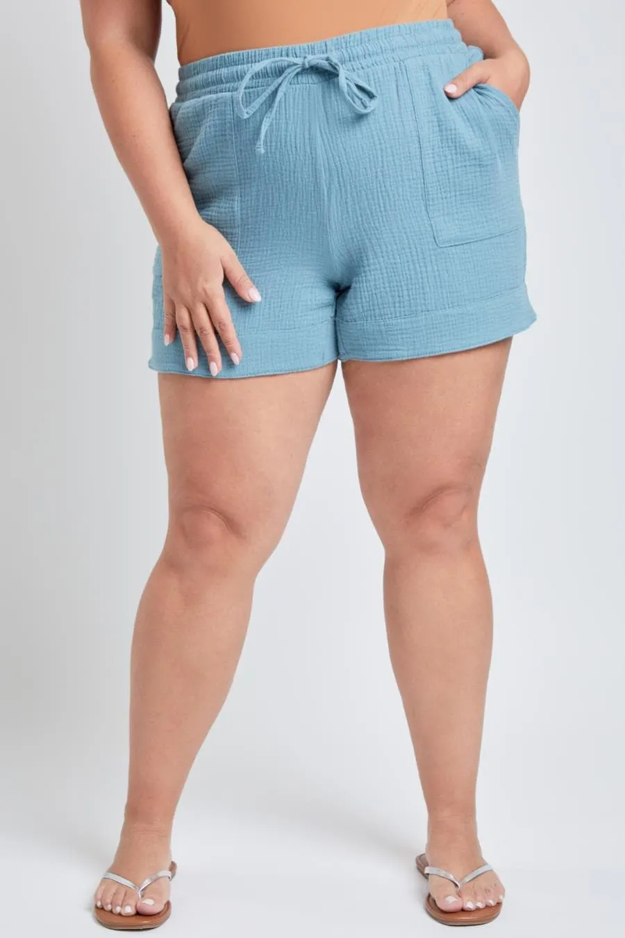 Plus Size Women's Double Gauze Shorts With Banded Hem