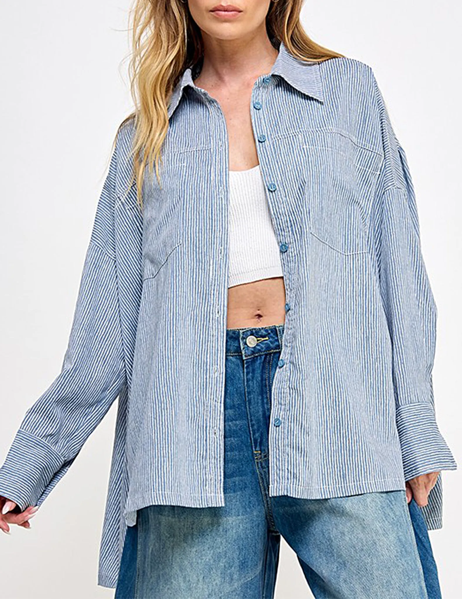 Regina Oversized Blue Stripe Button Up