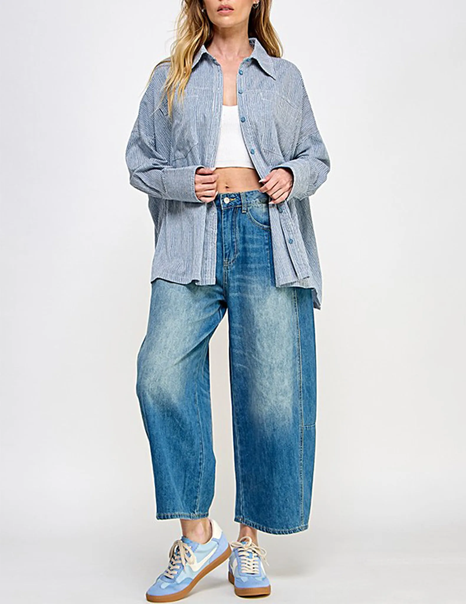 Regina Oversized Blue Stripe Button Up